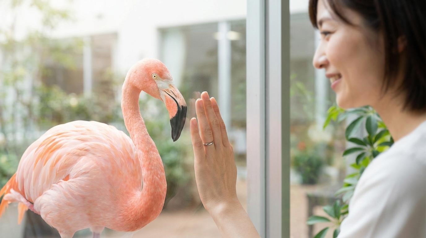 院内でフラミンゴを間近に見られる様子
